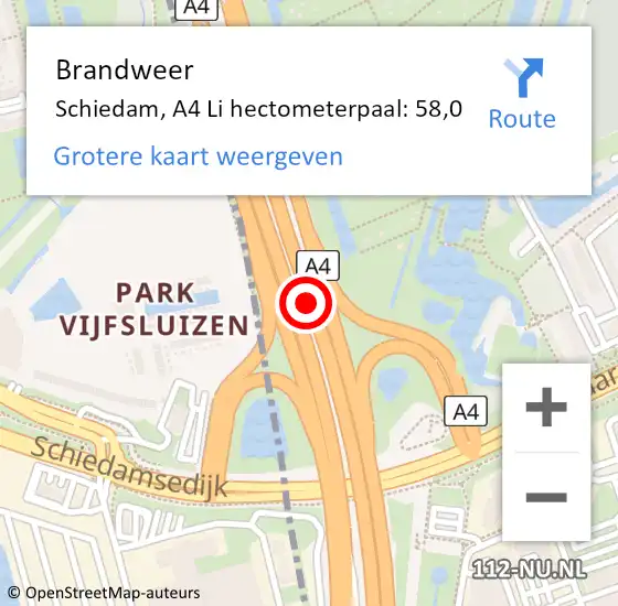 Locatie op kaart van de 112 melding: Brandweer Schiedam, A4 Re hectometerpaal: 70,6 op 21 november 2018 08:00