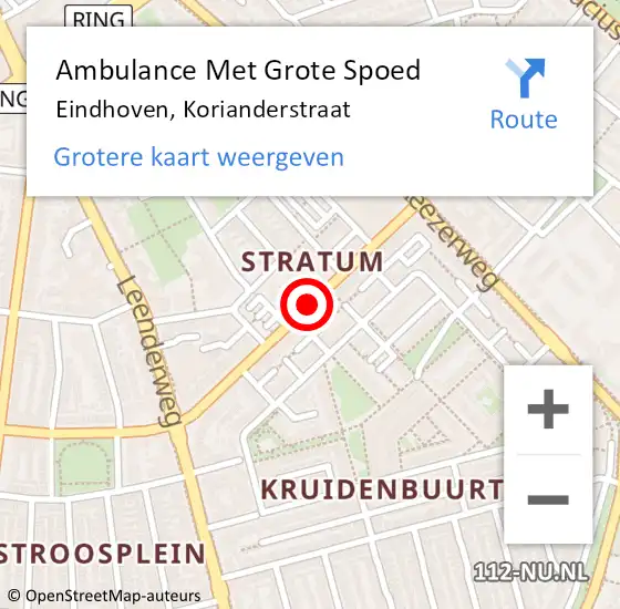 Locatie op kaart van de 112 melding: Ambulance Met Grote Spoed Naar Eindhoven, Korianderstraat op 21 november 2018 13:41