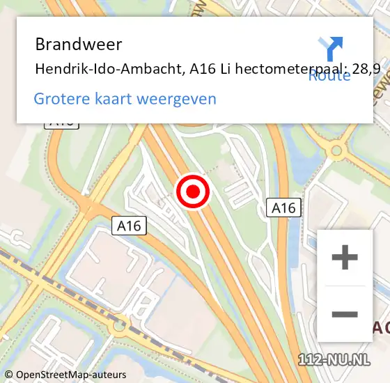 Locatie op kaart van de 112 melding: Brandweer Hendrik-Ido-Ambacht, A16 Li hectometerpaal: 28,9 op 21 november 2018 18:04