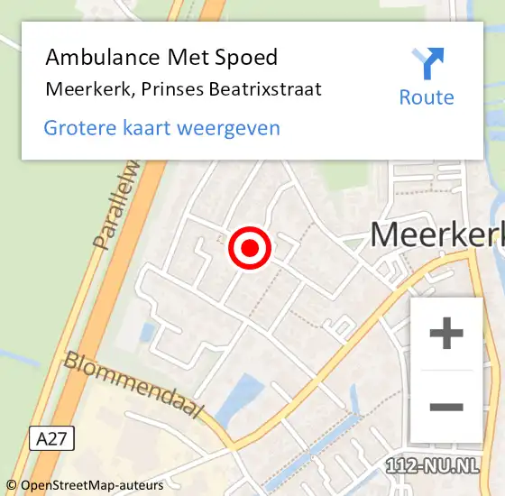 Locatie op kaart van de 112 melding: Ambulance Met Spoed Naar Meerkerk, Prinses Beatrixstraat op 22 november 2018 13:50