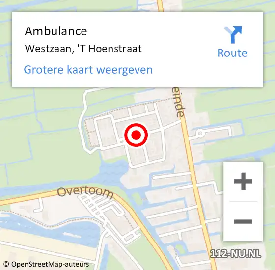 Locatie op kaart van de 112 melding: Ambulance Westzaan, 't Hoenstraat op 23 november 2018 16:16