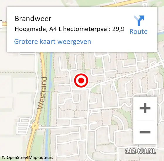 Locatie op kaart van de 112 melding: Brandweer Hoogmade, A4 L hectometerpaal: 29,9 op 27 november 2018 21:52