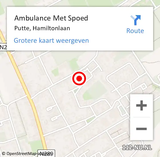 Locatie op kaart van de 112 melding: Ambulance Met Spoed Naar Putte, Hamiltonlaan op 30 november 2018 16:34