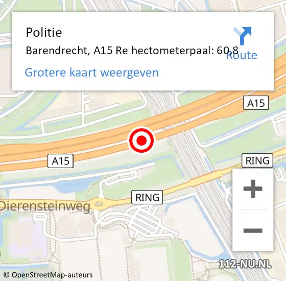 Locatie op kaart van de 112 melding: Politie Barendrecht, A15 Re hectometerpaal: 62,0 op 1 december 2018 04:25