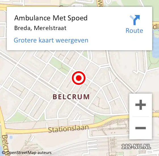 Locatie op kaart van de 112 melding: Ambulance Met Spoed Naar Breda, Merelstraat op 1 december 2018 12:48