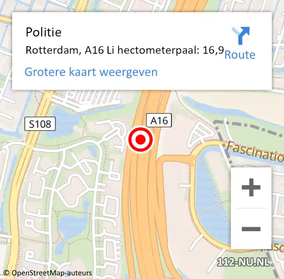 Locatie op kaart van de 112 melding: Politie Rotterdam, A16 Li hectometerpaal: 16,9 op 1 december 2018 17:55