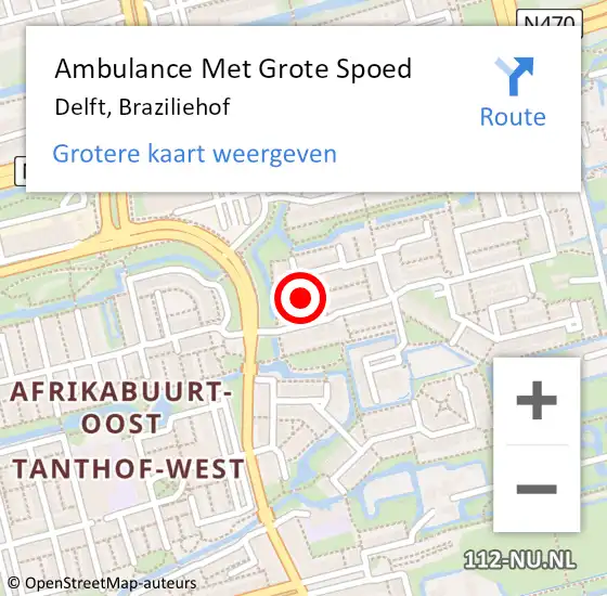 Locatie op kaart van de 112 melding: Ambulance Met Grote Spoed Naar Delft, Braziliehof op 1 december 2018 21:08