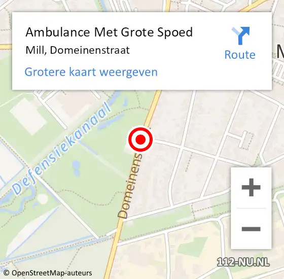 Locatie op kaart van de 112 melding: Ambulance Met Grote Spoed Naar Mill, Domeinenstraat op 4 december 2018 14:06