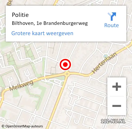 Locatie op kaart van de 112 melding: Politie Bilthoven, 1e Brandenburgerweg op 4 december 2018 16:45