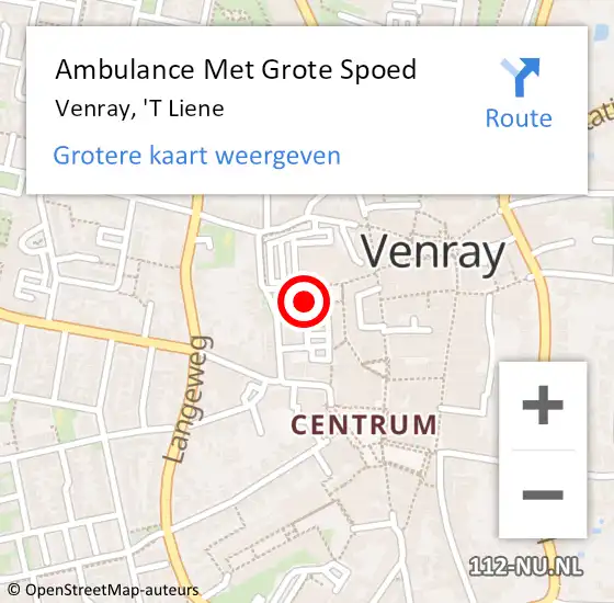 Locatie op kaart van de 112 melding: Ambulance Met Grote Spoed Naar Venray, 't Liene op 4 december 2018 17:58