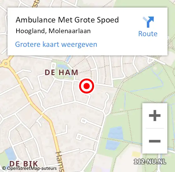 Locatie op kaart van de 112 melding: Ambulance Met Grote Spoed Naar Hoogland, Molenaarlaan op 16 maart 2014 18:44