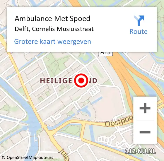 Locatie op kaart van de 112 melding: Ambulance Met Spoed Naar Delft, Cornelis Musiusstraat op 5 december 2018 09:33