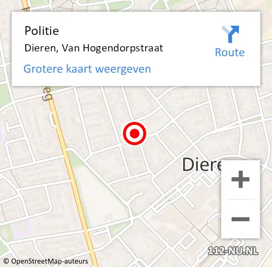 Locatie op kaart van de 112 melding: Politie Dieren, Van Hogendorpstraat op 5 december 2018 13:57