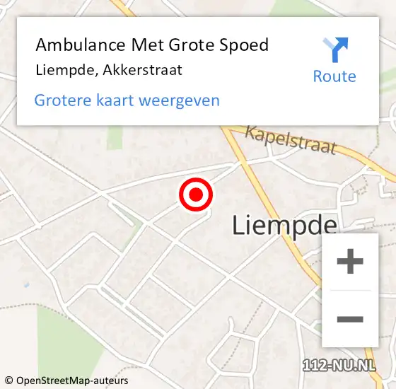 Locatie op kaart van de 112 melding: Ambulance Met Grote Spoed Naar Liempde, Akkerstraat op 6 december 2018 22:13