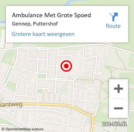 Locatie op kaart van de 112 melding: Ambulance Met Grote Spoed Naar Gennep, Puttershof op 8 december 2018 07:26