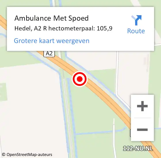 Locatie op kaart van de 112 melding: Ambulance Met Spoed Naar Hedel, A2 L hectometerpaal: 105,0 op 8 december 2018 07:40