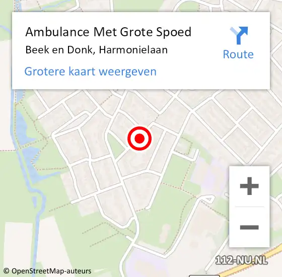 Locatie op kaart van de 112 melding: Ambulance Met Grote Spoed Naar Beek en Donk, Harmonielaan op 8 december 2018 14:47