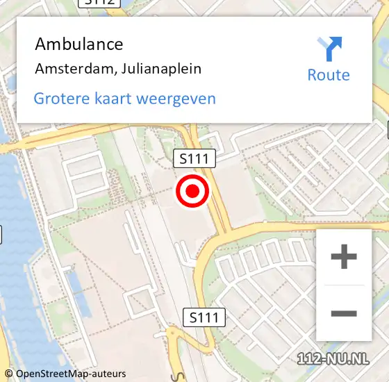Locatie op kaart van de 112 melding: Ambulance Amsterdam, Julianaplein op 10 december 2018 10:54