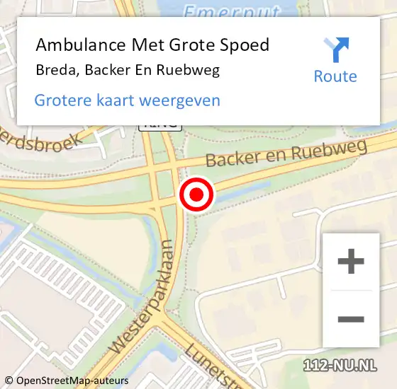 Locatie op kaart van de 112 melding: Ambulance Met Grote Spoed Naar Breda, Backer En Ruebweg op 10 december 2018 13:33