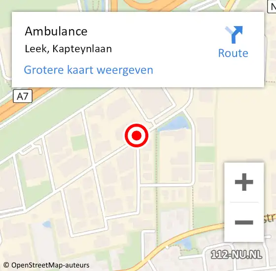 Locatie op kaart van de 112 melding: Ambulance Leek, Kapteynlaan op 12 december 2018 07:28