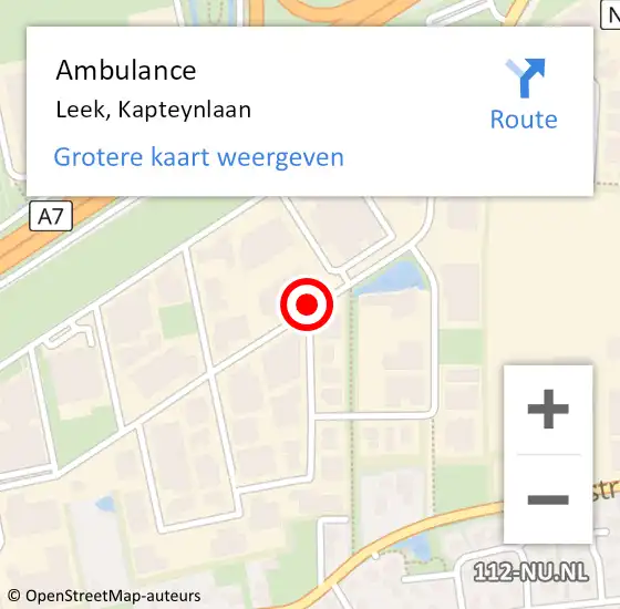 Locatie op kaart van de 112 melding: Ambulance Leek, Kapteynlaan op 12 december 2018 07:33