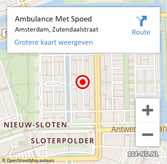 Locatie op kaart van de 112 melding: Ambulance Met Spoed Naar Amsterdam, Zutendaalstraat op 12 december 2018 14:37