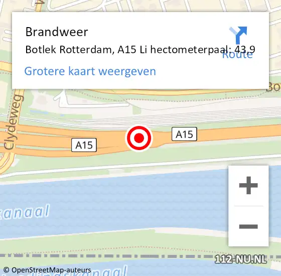 Locatie op kaart van de 112 melding: Brandweer Botlek Rotterdam, A15 Li hectometerpaal: 45,4 op 13 december 2018 06:03
