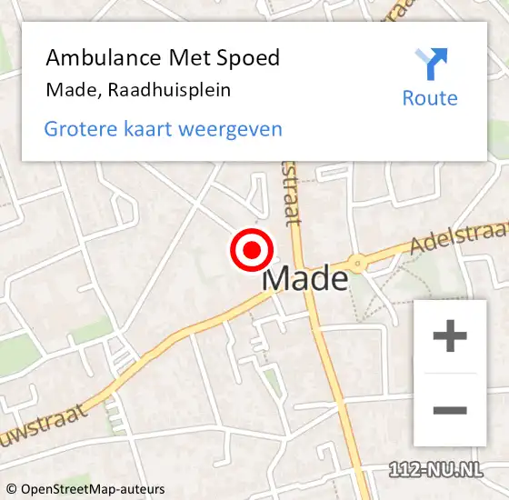 Locatie op kaart van de 112 melding: Ambulance Met Spoed Naar Made, Raadhuisplein op 14 december 2018 10:42