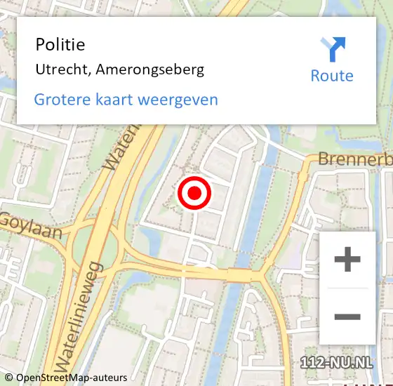 Locatie op kaart van de 112 melding: Politie Utrecht, Amerongseberg op 14 december 2018 17:36