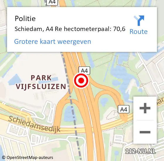 Locatie op kaart van de 112 melding: Politie Schiedam, A4 Re hectometerpaal: 71,2 op 15 december 2018 12:34