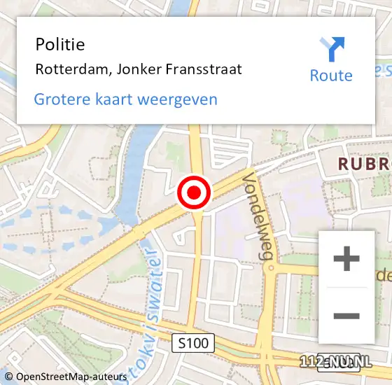 Locatie op kaart van de 112 melding: Politie Rotterdam, Jonker Fransstraat op 19 december 2018 19:04