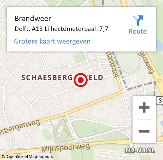 Locatie op kaart van de 112 melding: Brandweer Delft, A13 Li hectometerpaal: 7,7 op 19 december 2018 20:48
