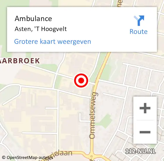 Locatie op kaart van de 112 melding: Ambulance Asten, 'T Hoogvelt op 20 december 2018 22:24