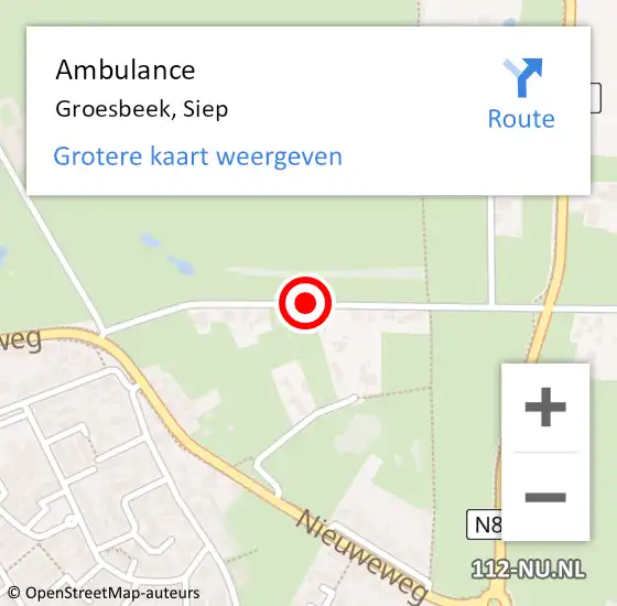 Locatie op kaart van de 112 melding: Ambulance Groesbeek, Siep op 21 december 2018 10:37