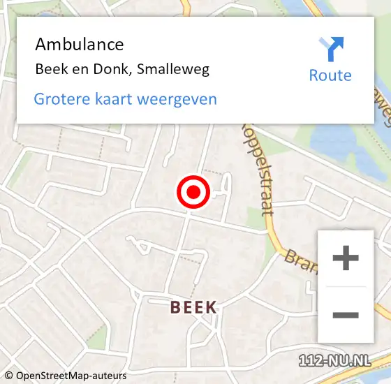 Locatie op kaart van de 112 melding: Ambulance Beek en Donk, Smalleweg op 21 december 2018 14:13