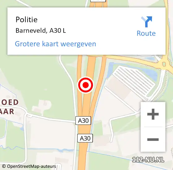 Locatie op kaart van de 112 melding: Politie Barneveld, A30 L op 23 december 2018 08:38