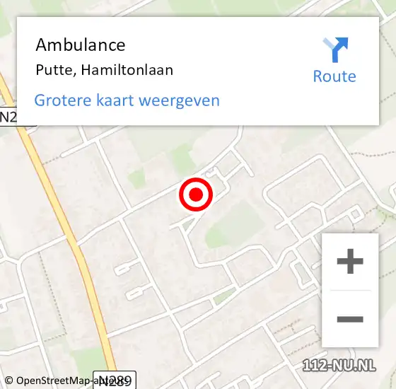 Locatie op kaart van de 112 melding: Ambulance Putte, Hamiltonlaan op 24 december 2018 11:37