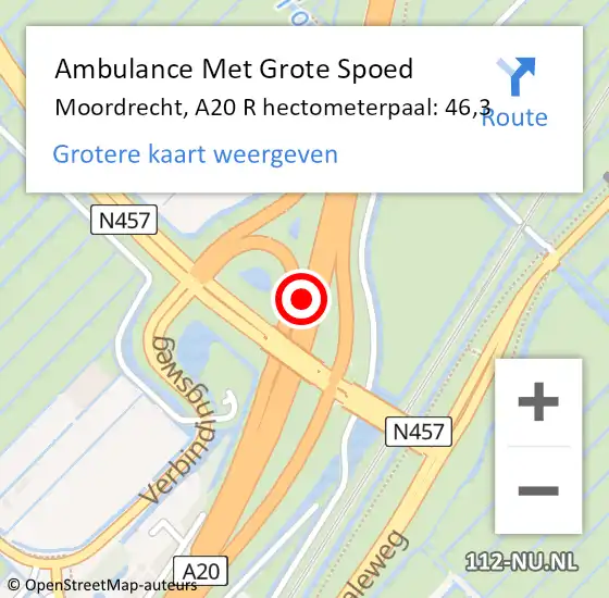 Locatie op kaart van de 112 melding: Ambulance Met Grote Spoed Naar Moordrecht, A20 R hectometerpaal: 46,3 op 25 december 2018 05:47