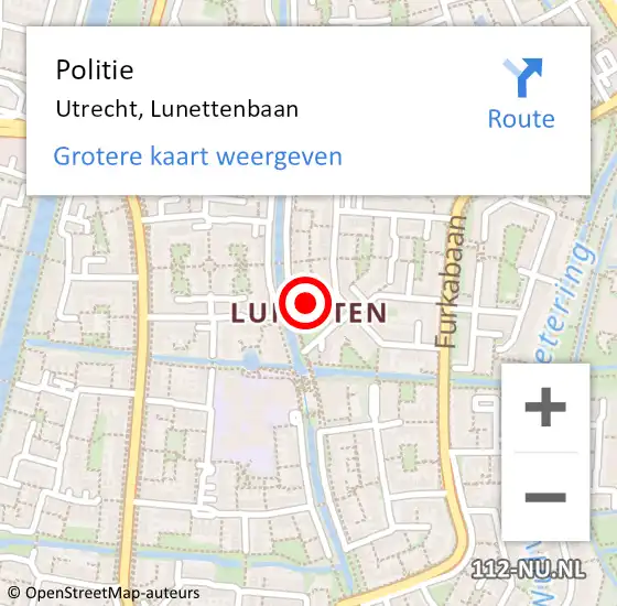 Locatie op kaart van de 112 melding: Politie Utrecht, Lunettenbaan op 27 december 2018 19:52