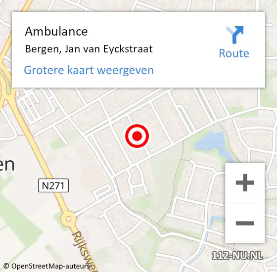 Locatie op kaart van de 112 melding: Ambulance Bergen, Jan van Eyckstraat op 28 december 2018 15:44