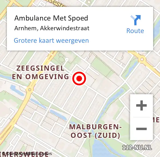 Locatie op kaart van de 112 melding: Ambulance Met Spoed Naar Arnhem, Akkerwindestraat op 31 december 2018 14:24