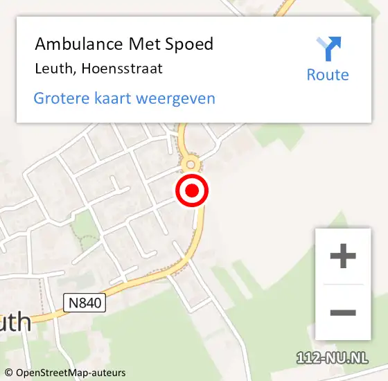 Locatie op kaart van de 112 melding: Ambulance Met Spoed Naar Leuth, Hoensstraat op 19 maart 2014 12:17