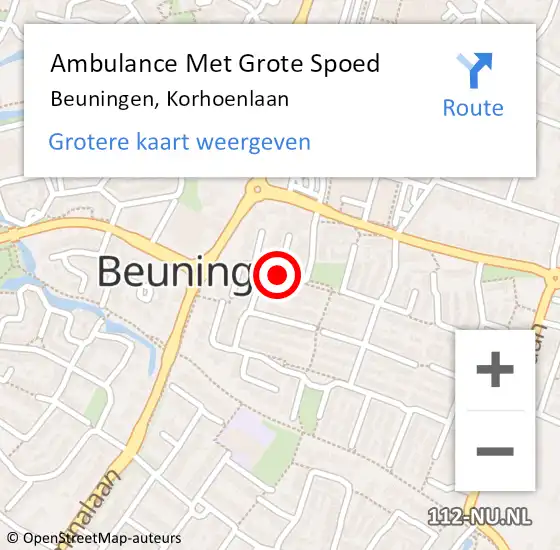 Locatie op kaart van de 112 melding: Ambulance Met Grote Spoed Naar Beuningen, Korhoenlaan op 2 januari 2019 13:02