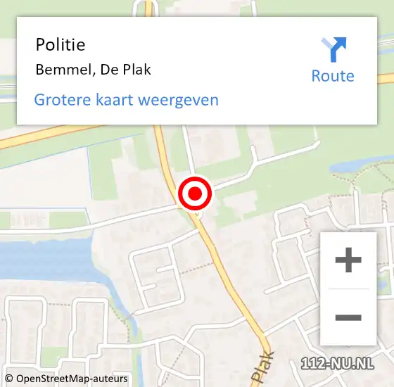 Locatie op kaart van de 112 melding: Politie Bemmel, De Plak op 5 januari 2019 22:38