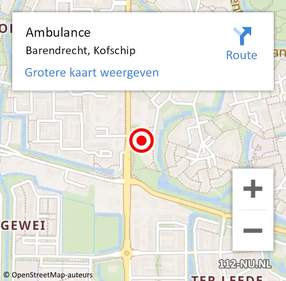 Locatie op kaart van de 112 melding: Ambulance Barendrecht, Kofschip op 8 januari 2019 13:23