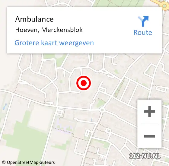 Locatie op kaart van de 112 melding: Ambulance Hoeven, Merckensblok op 10 januari 2019 14:37