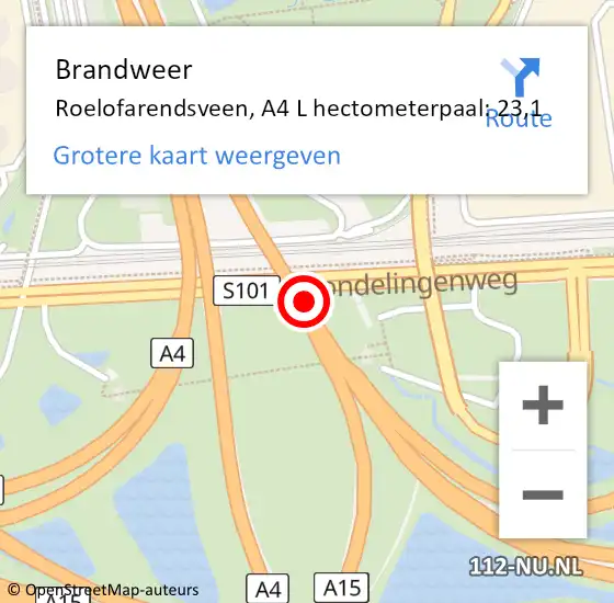 Locatie op kaart van de 112 melding: Brandweer Roelofarendsveen, A4 L hectometerpaal: 23,1 op 11 januari 2019 08:38
