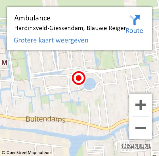 Locatie op kaart van de 112 melding: Ambulance Hardinxveld-Giessendam, Blauwe Reiger op 11 januari 2019 10:09