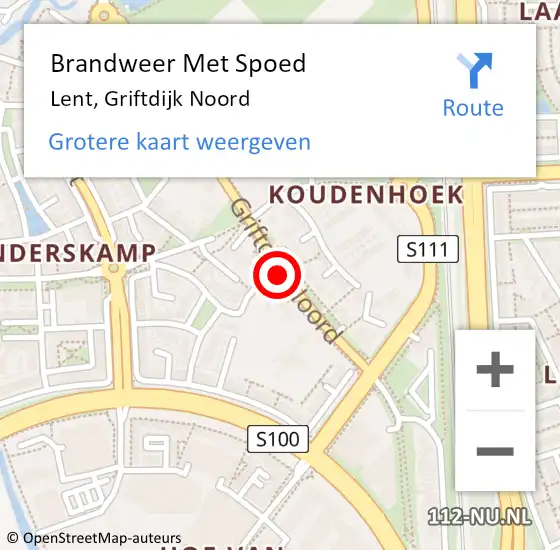 Locatie op kaart van de 112 melding: Brandweer Met Spoed Naar Lent, Griftdijk Noord op 13 januari 2019 21:11