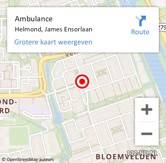 Locatie op kaart van de 112 melding: Ambulance Helmond, James Ensorlaan op 15 januari 2019 10:13